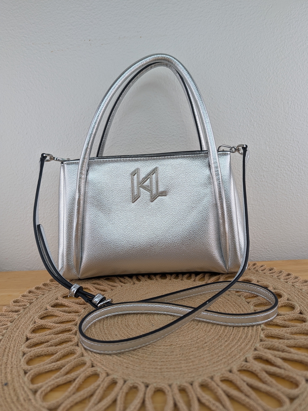 Karl Lagerfeld Paris Nouvelle Satchel Tote Crossbody Bag Metallic Silver KL Logo